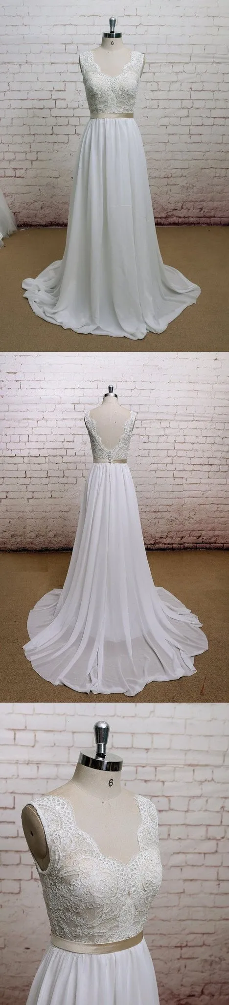 A-line Chiffon With Lace Simple V-Neck Free Custom Handmade Wedding Dresses, WD0135