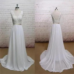 A-line Chiffon With Lace Simple V-Neck Free Custom Handmade Wedding Dresses, WD0135