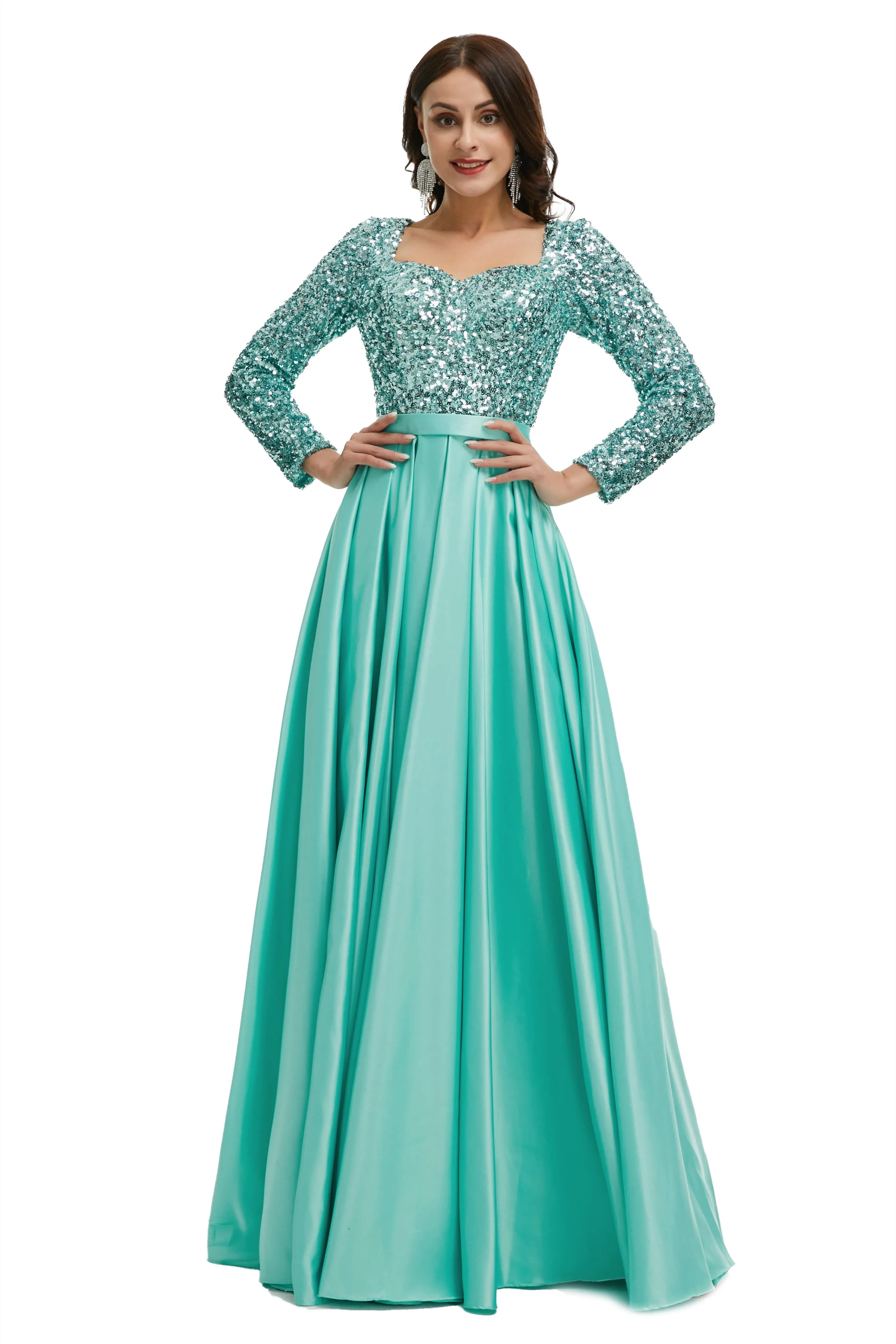 A-Line Sequins Sweet Neck Long Sleeve Prom Dresses