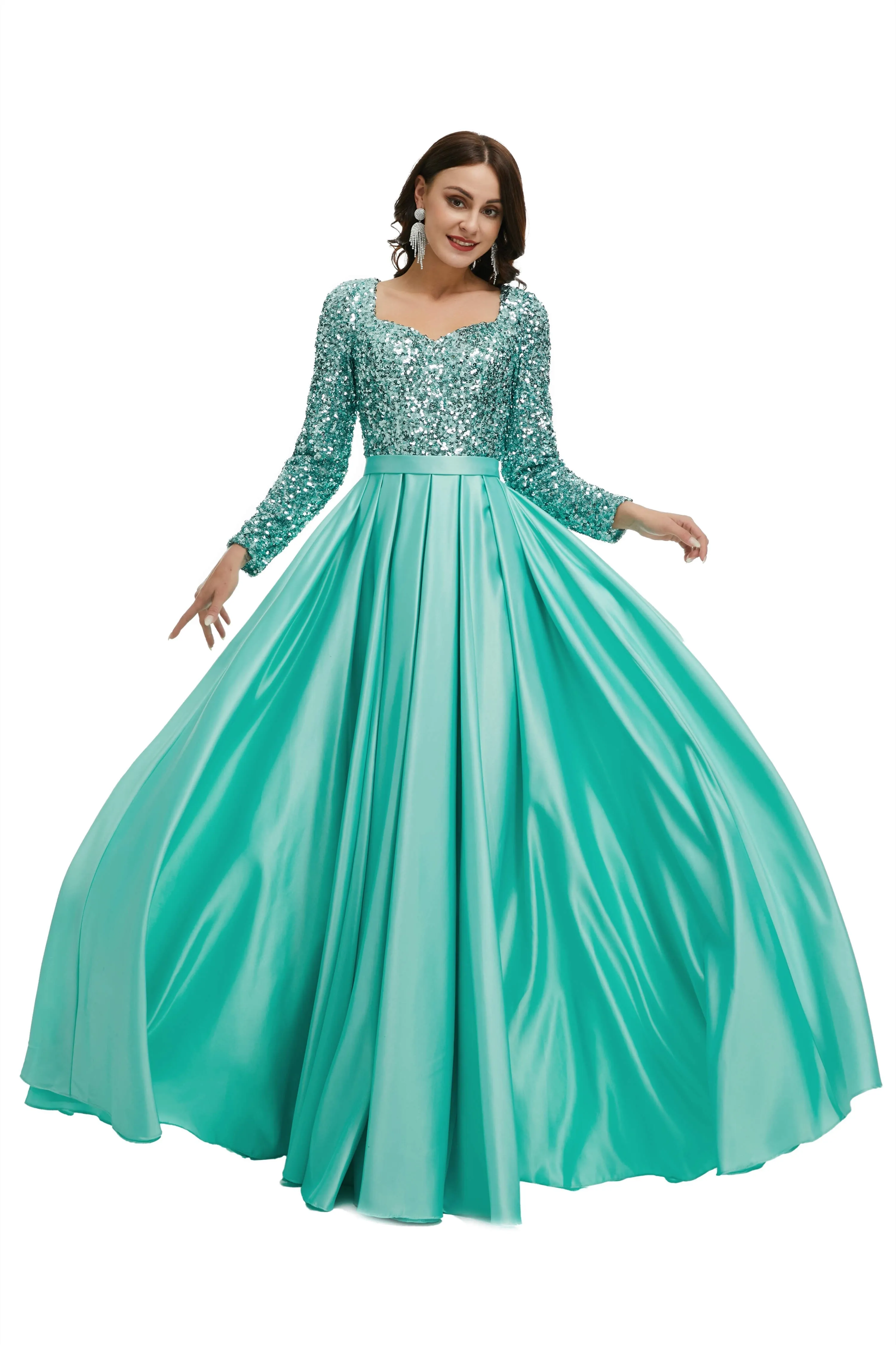 A-Line Sequins Sweet Neck Long Sleeve Prom Dresses