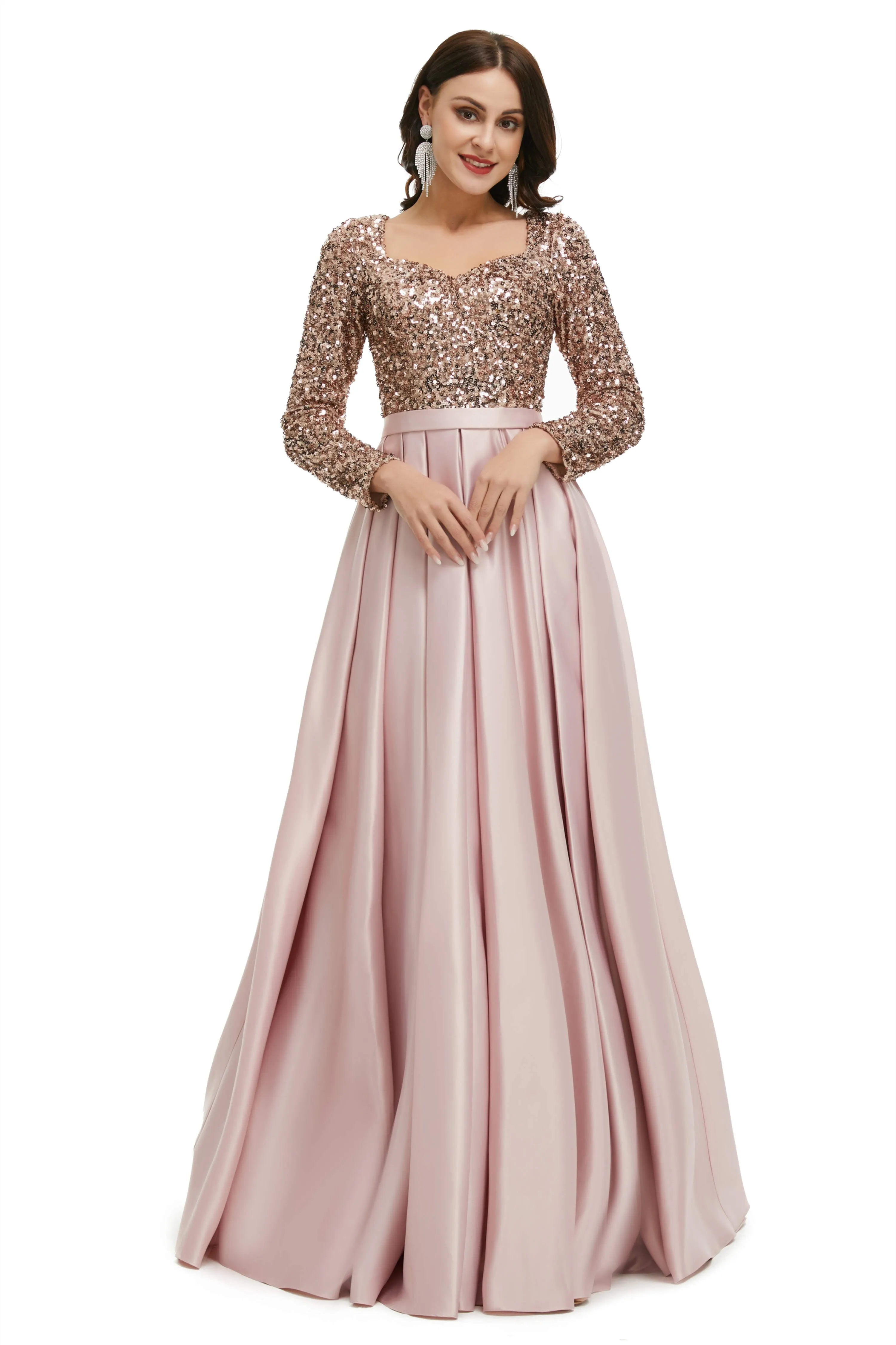 A-Line Sequins Sweet Neck Long Sleeve Prom Dresses