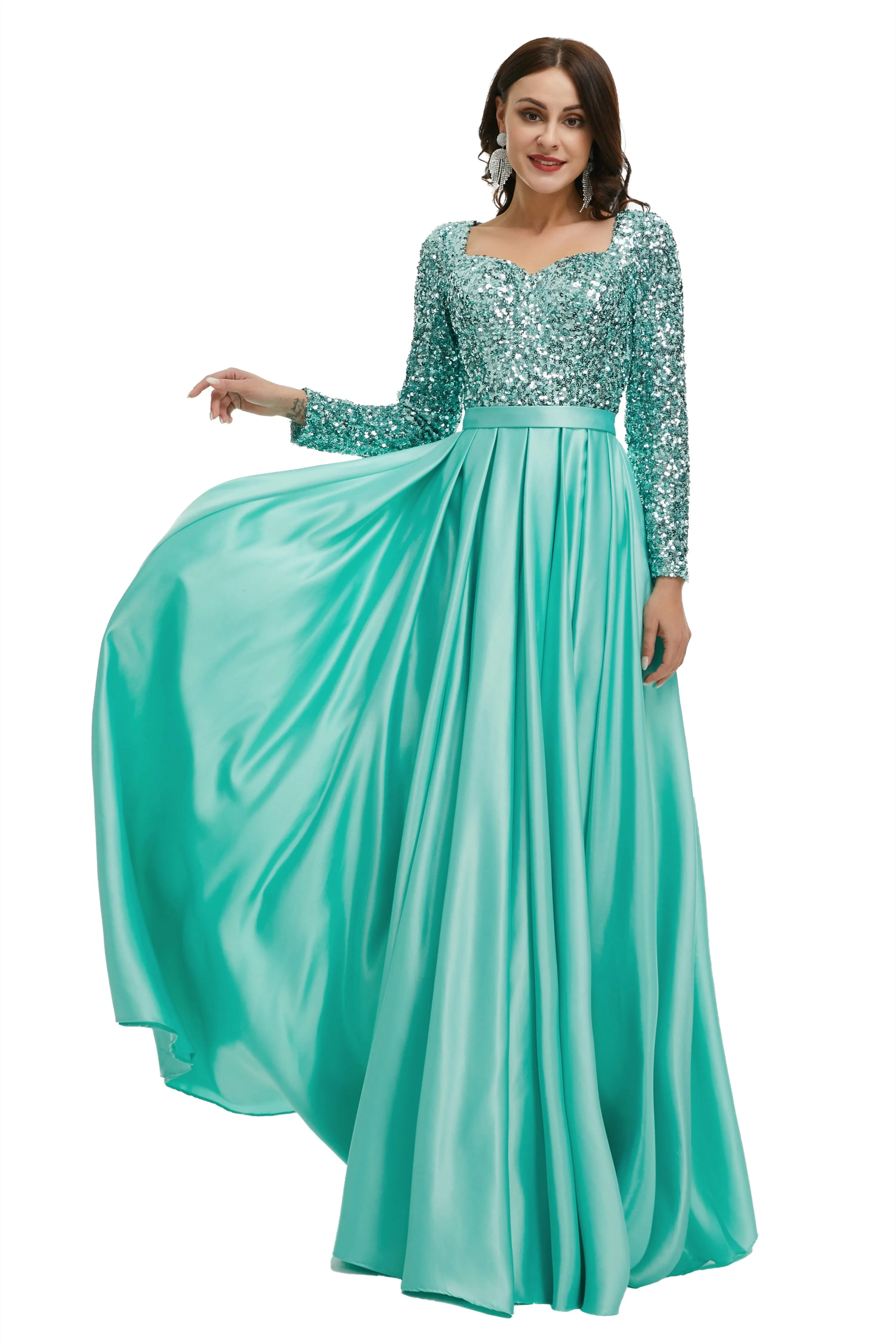 A-Line Sequins Sweet Neck Long Sleeve Prom Dresses