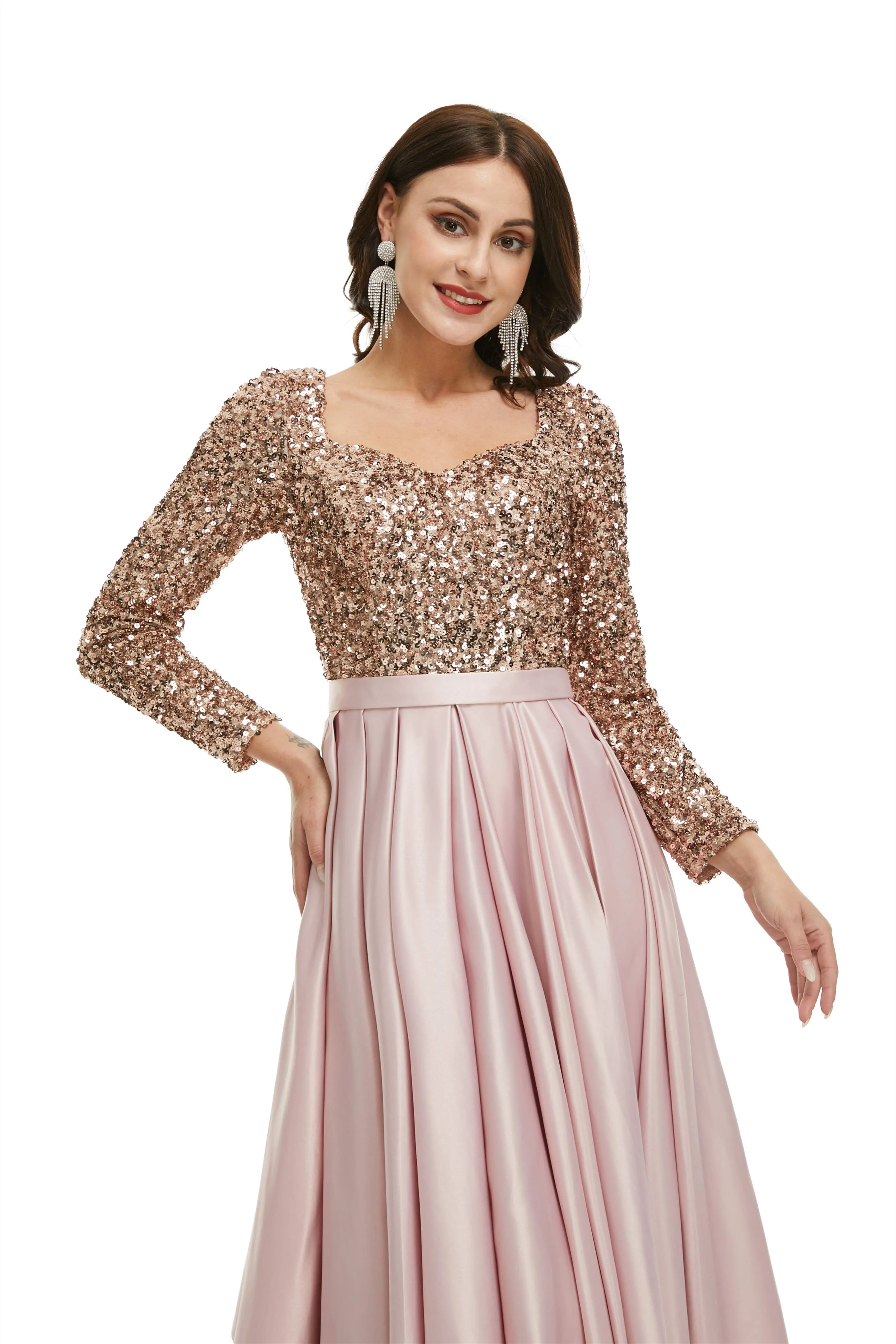 A-Line Sequins Sweet Neck Long Sleeve Prom Dresses