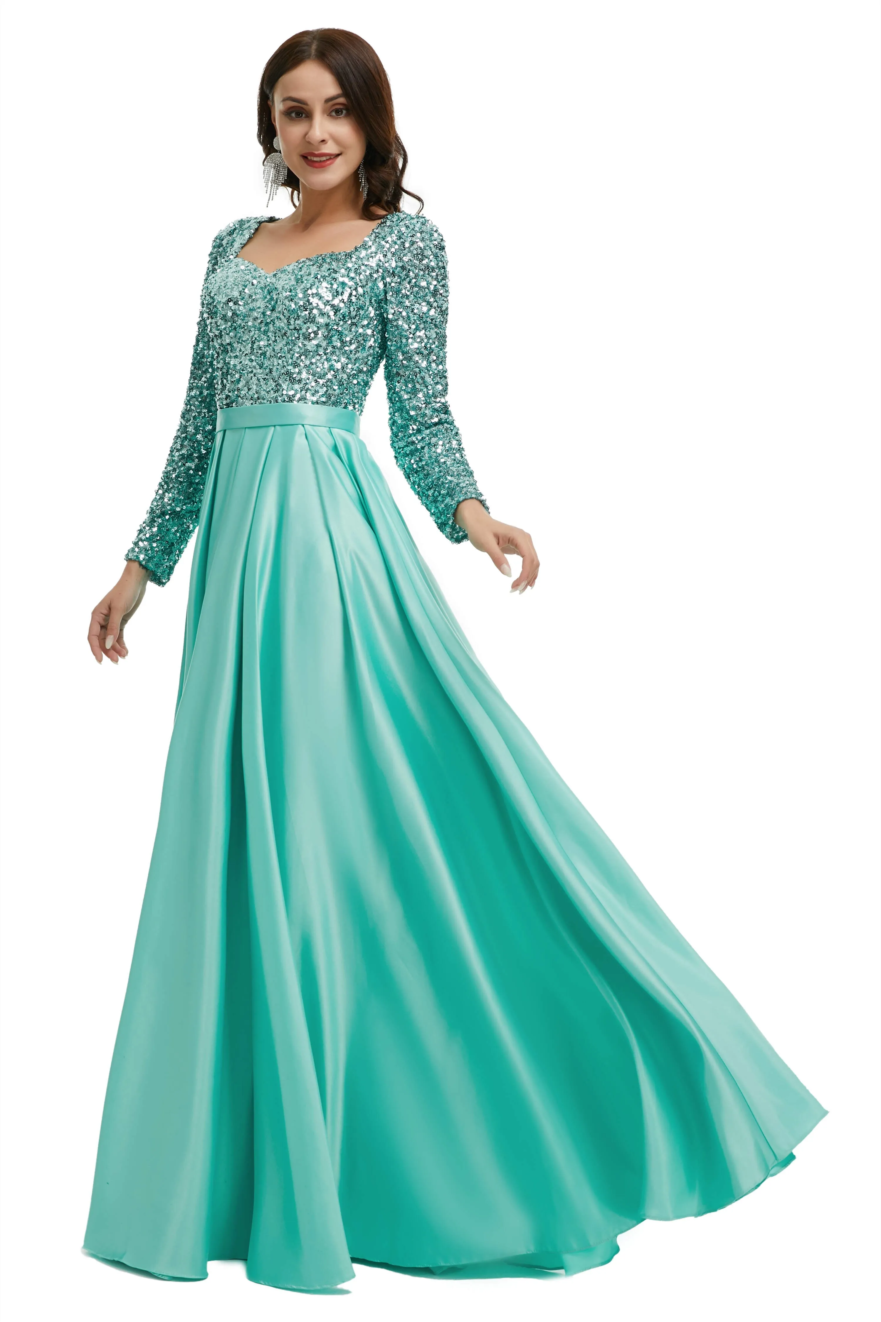 A-Line Sequins Sweet Neck Long Sleeve Prom Dresses