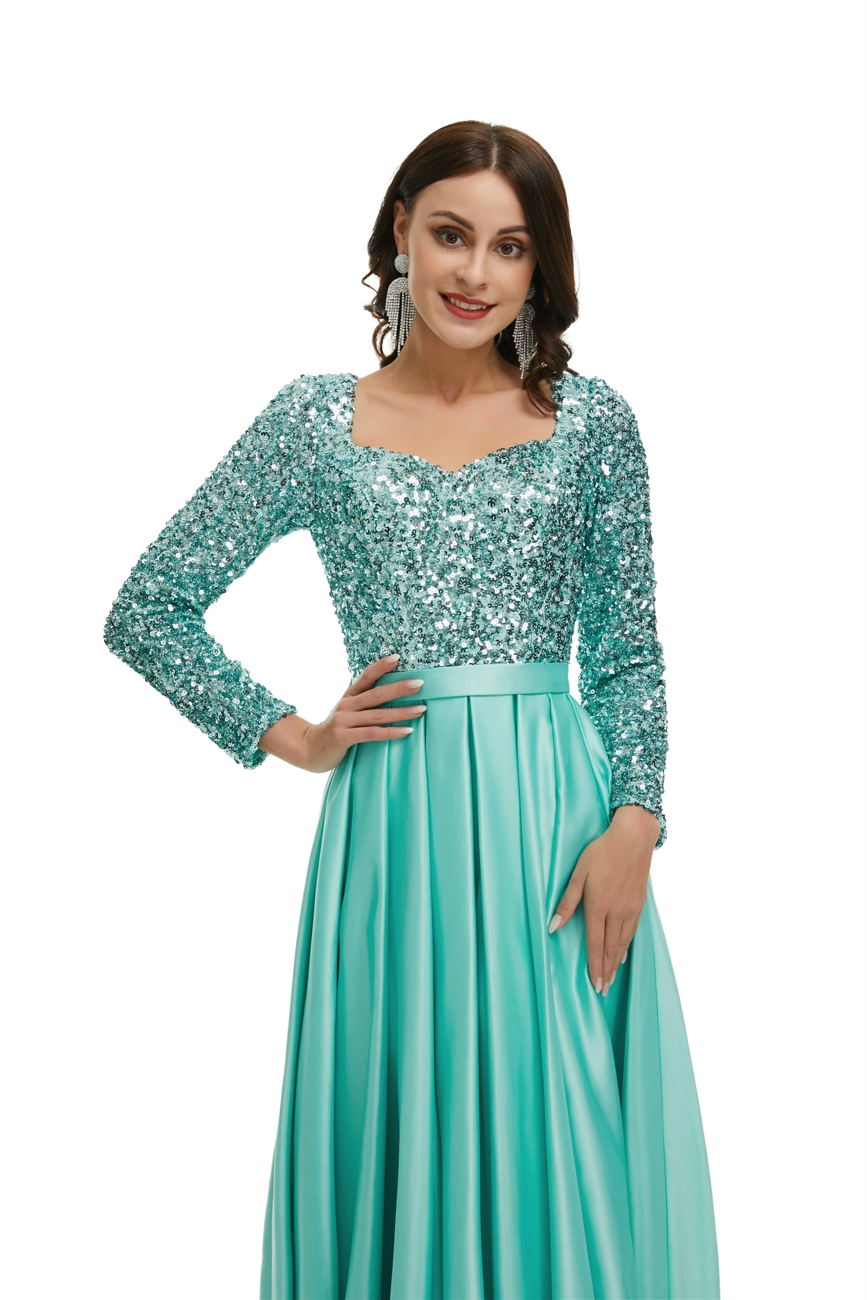 A-Line Sequins Sweet Neck Long Sleeve Prom Dresses