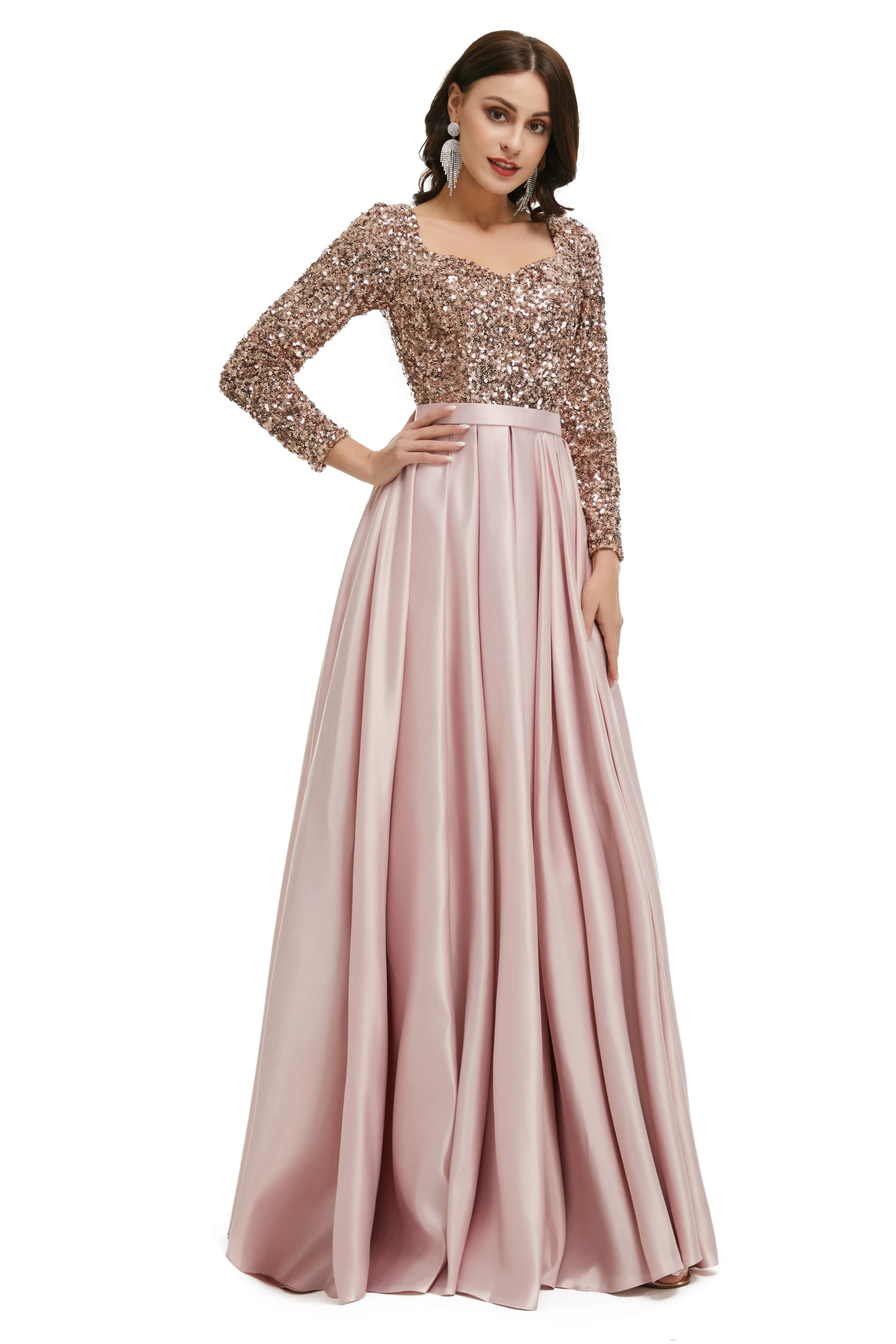 A-Line Sequins Sweet Neck Long Sleeve Prom Dresses