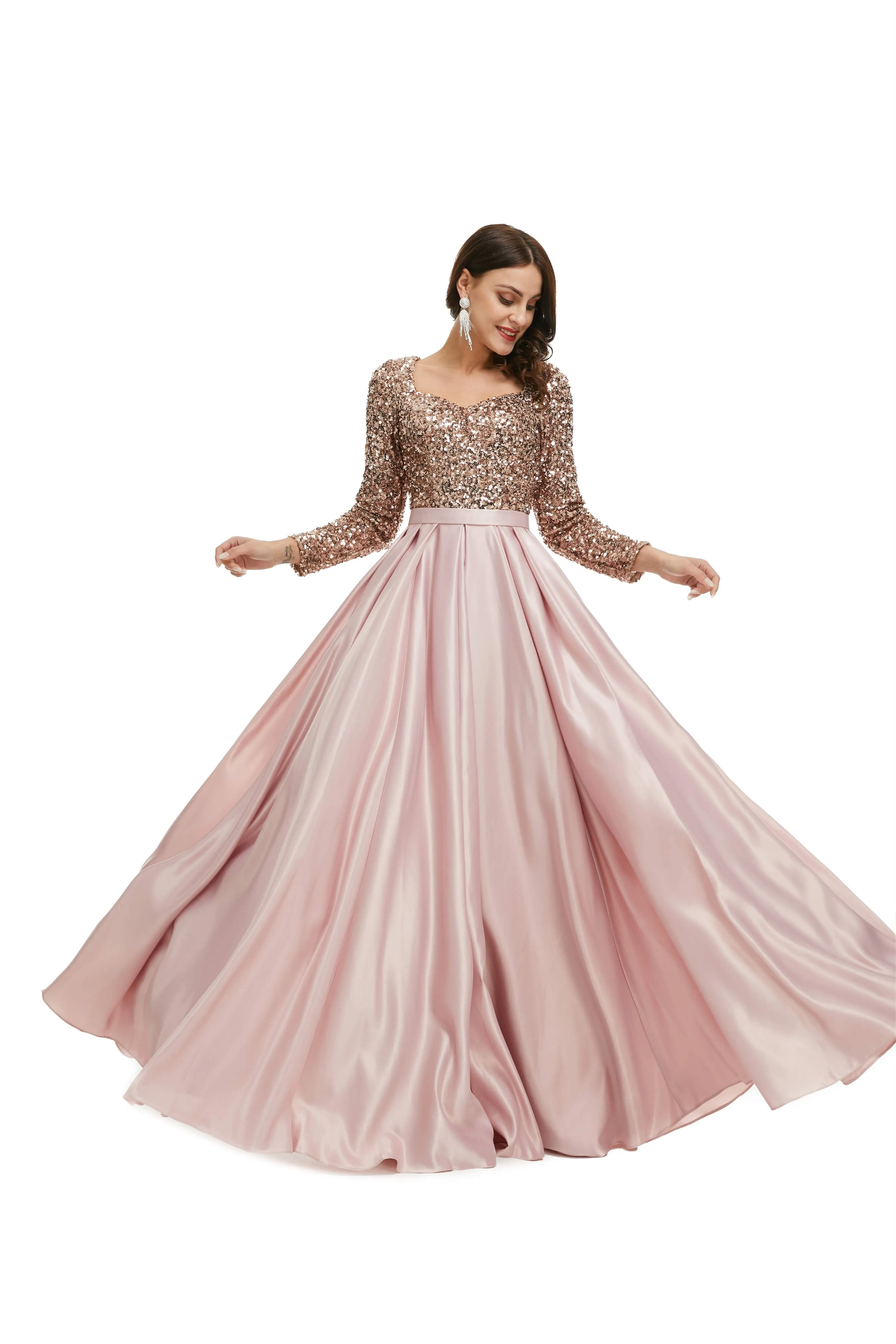 A-Line Sequins Sweet Neck Long Sleeve Prom Dresses