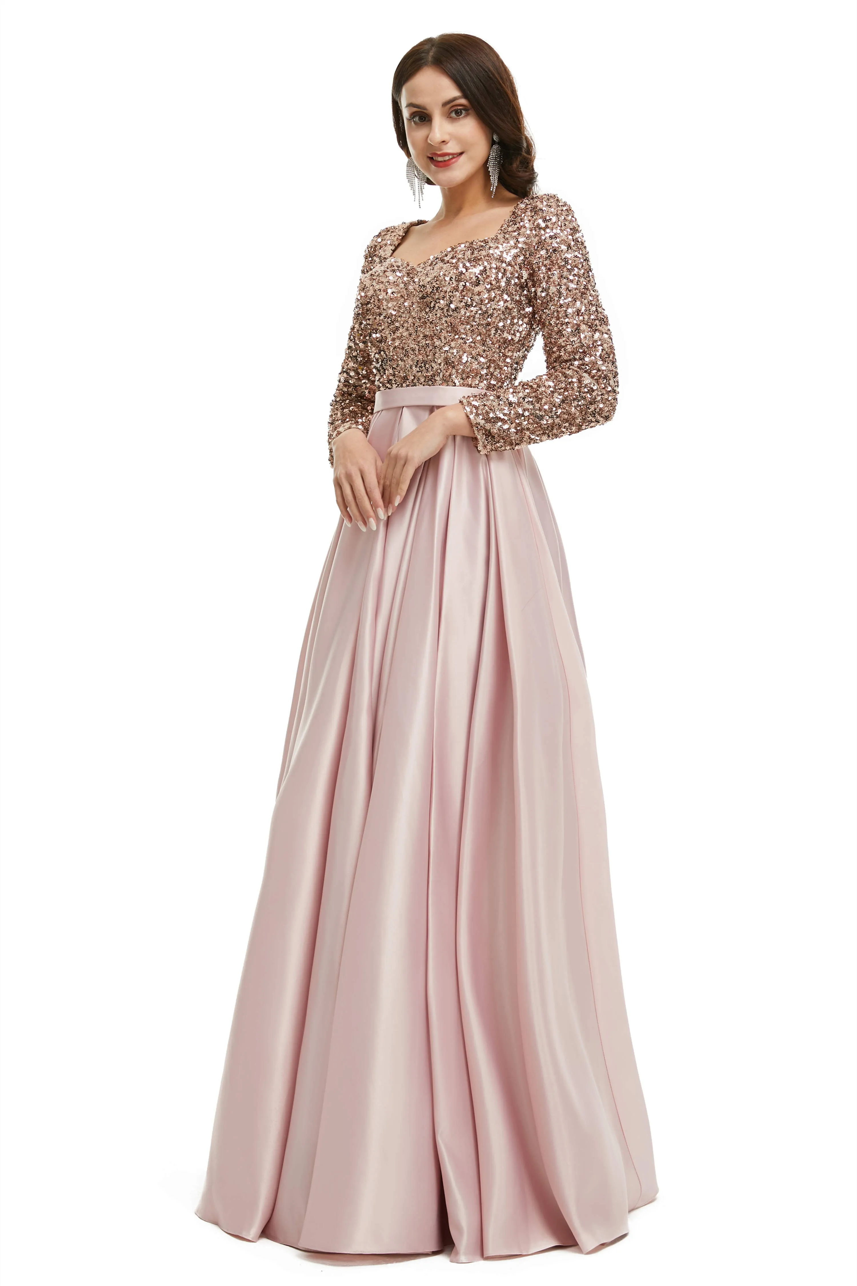 A-Line Sequins Sweet Neck Long Sleeve Prom Dresses