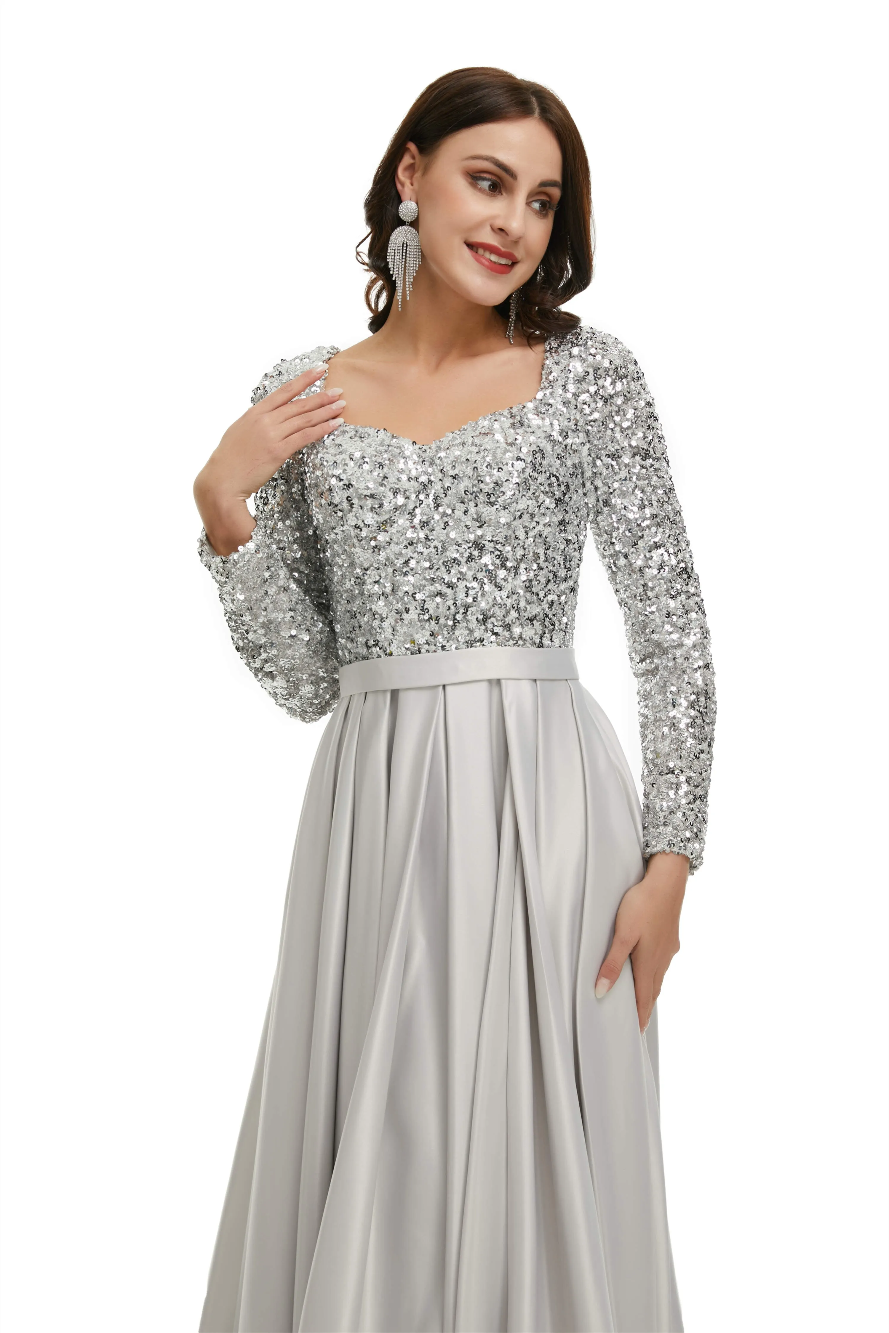 A-Line Sequins Sweet Neck Long Sleeve Prom Dresses