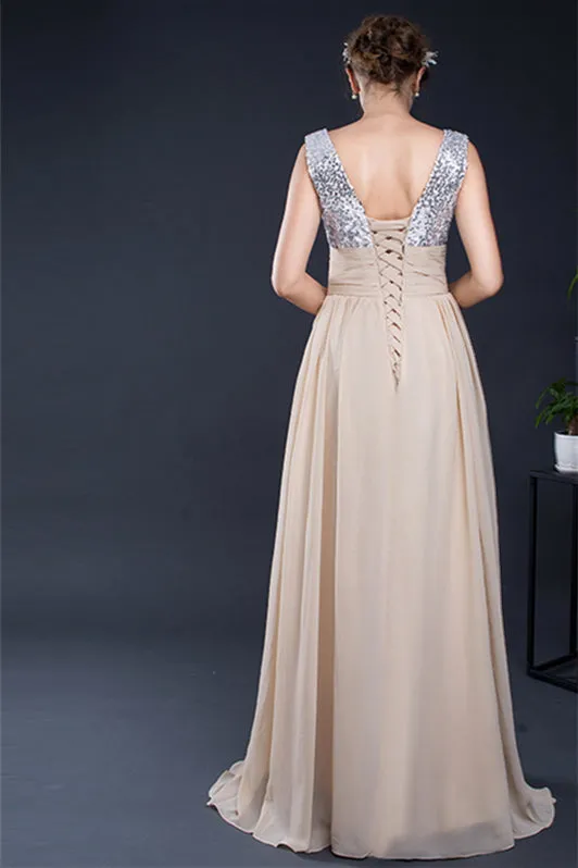 A Line V-Neck Sleeveless Sequins Chiffon Floor Length Prom Dresses