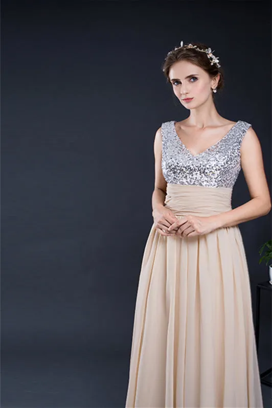 A Line V-Neck Sleeveless Sequins Chiffon Floor Length Prom Dresses