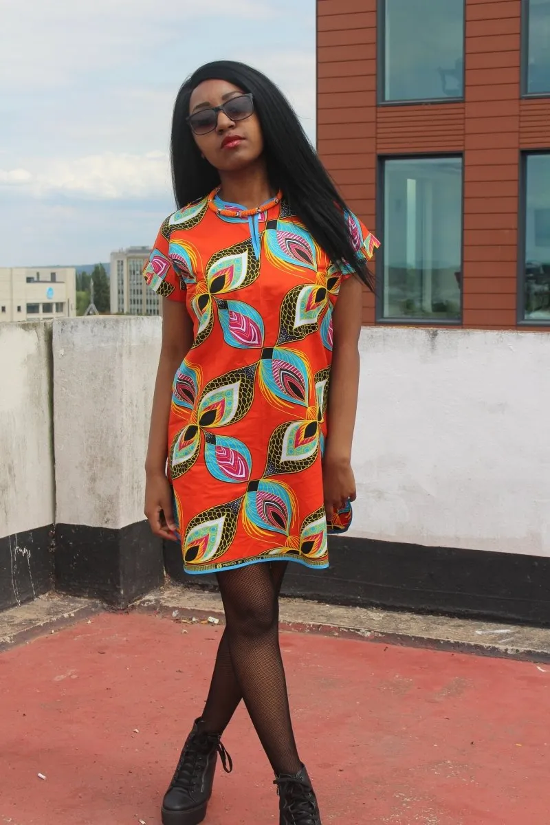 African Dress in Orange Ankara Print