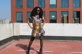 African Patchwork Dress, Shift Dress in Black Ankara Print - Festival Dress