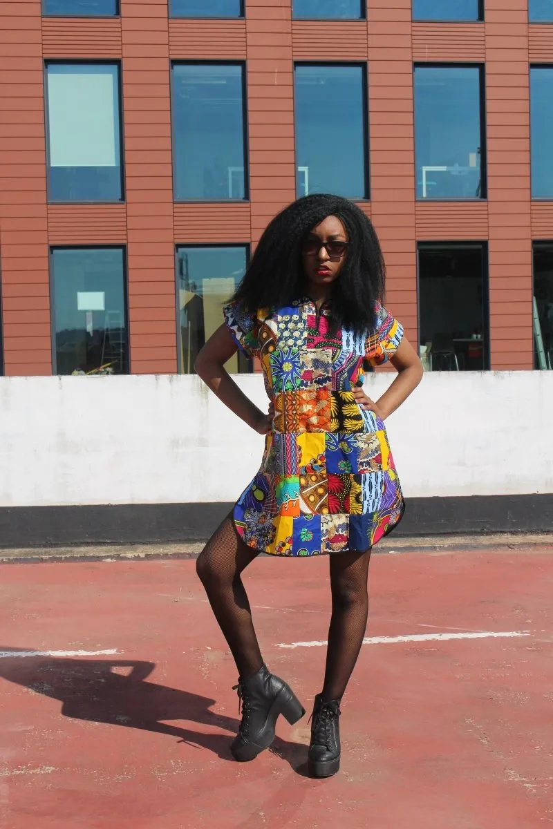 African Patchwork Dress, Shift Dress in Black Ankara Print - Festival Dress