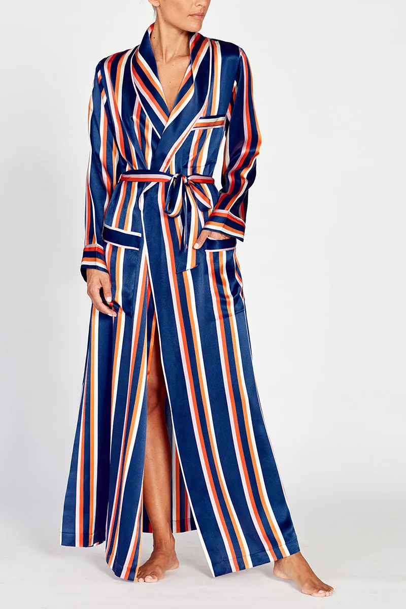 Ainsley Classic Long Navy Striped Silk Robe