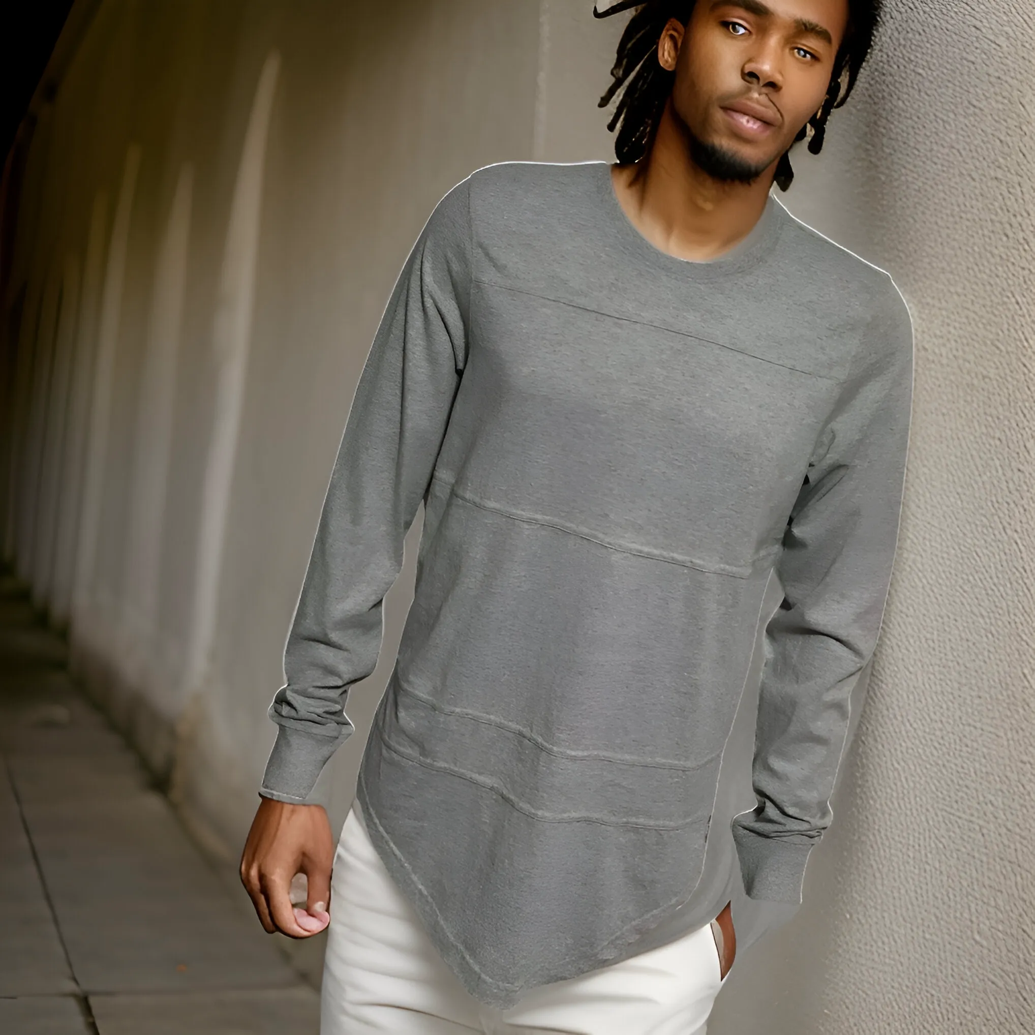 ^AKADEMIKS^ (GREY) LONG SLEEVE SCOOP TAIL T-SHIRT