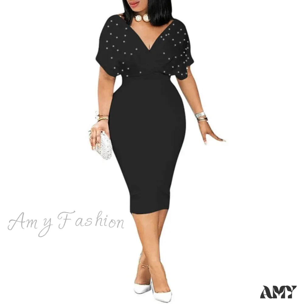 Amy Fashion - Sleeveless Turn Down Collar Office Lady Pencil Dresses