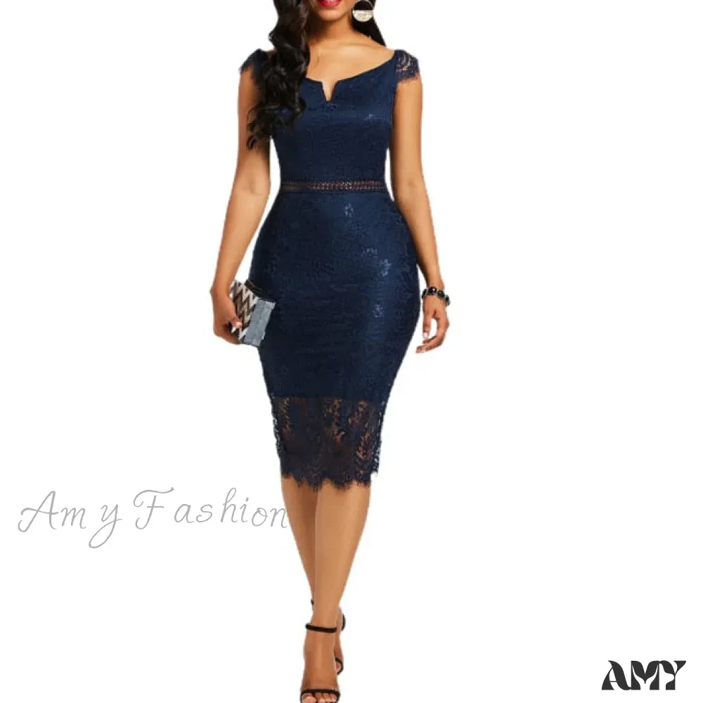 Amy Fashion - Sleeveless Turn Down Collar Office Lady Pencil Dresses