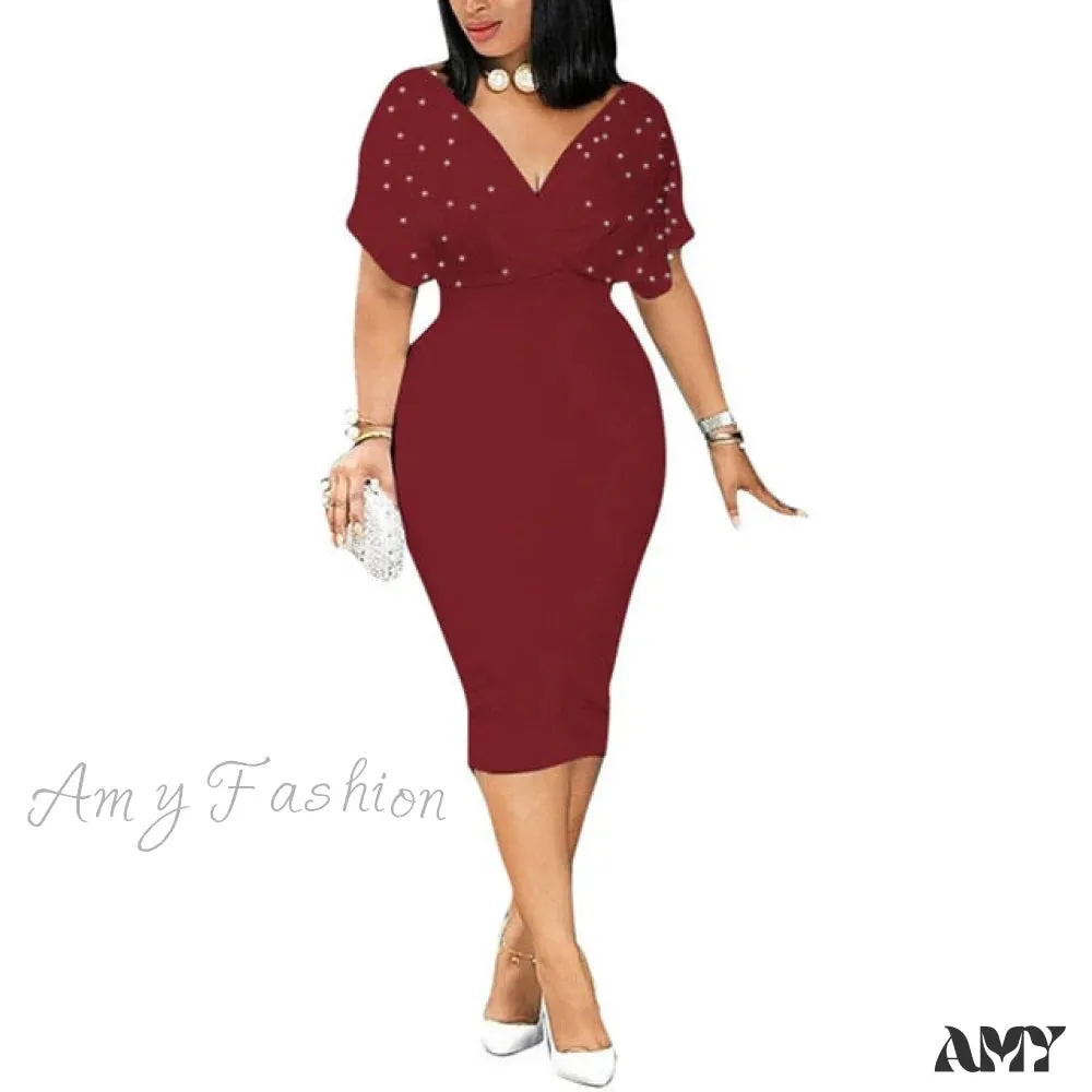 Amy Fashion - Sleeveless Turn Down Collar Office Lady Pencil Dresses