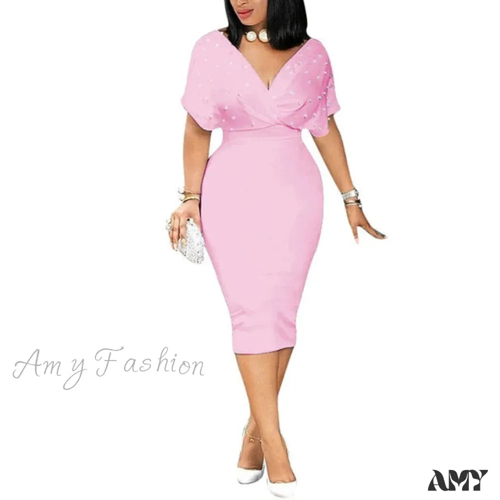 Amy Fashion - Sleeveless Turn Down Collar Office Lady Pencil Dresses