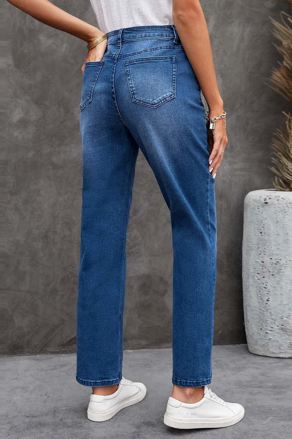 Asymmetrical High Waist Distressed Jeans