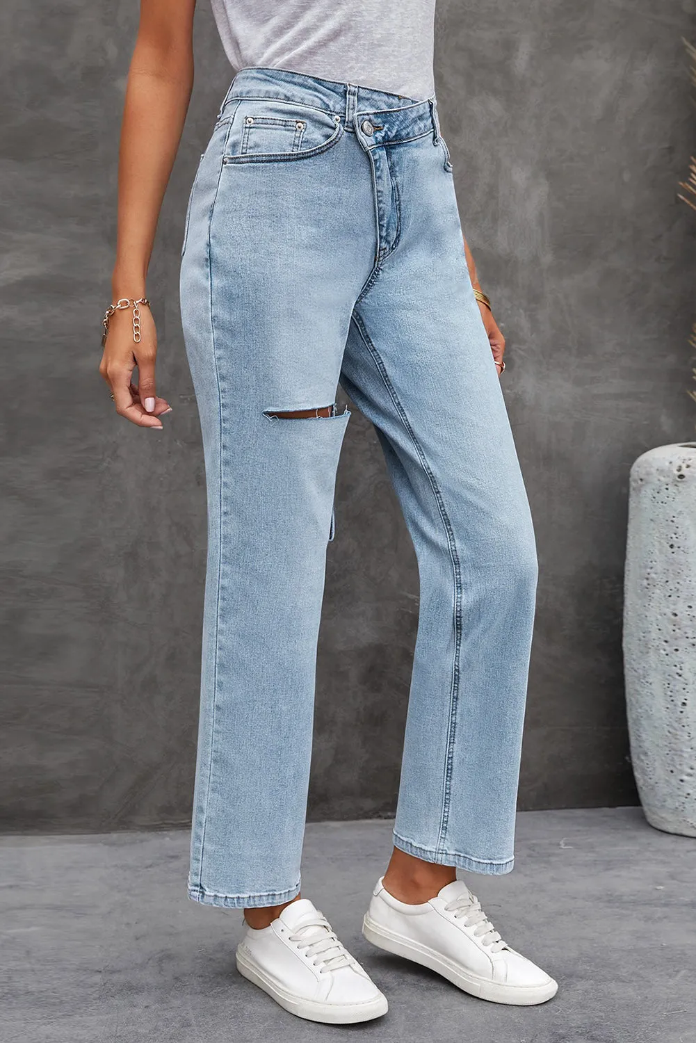 Asymmetrical High Waist Distressed Jeans