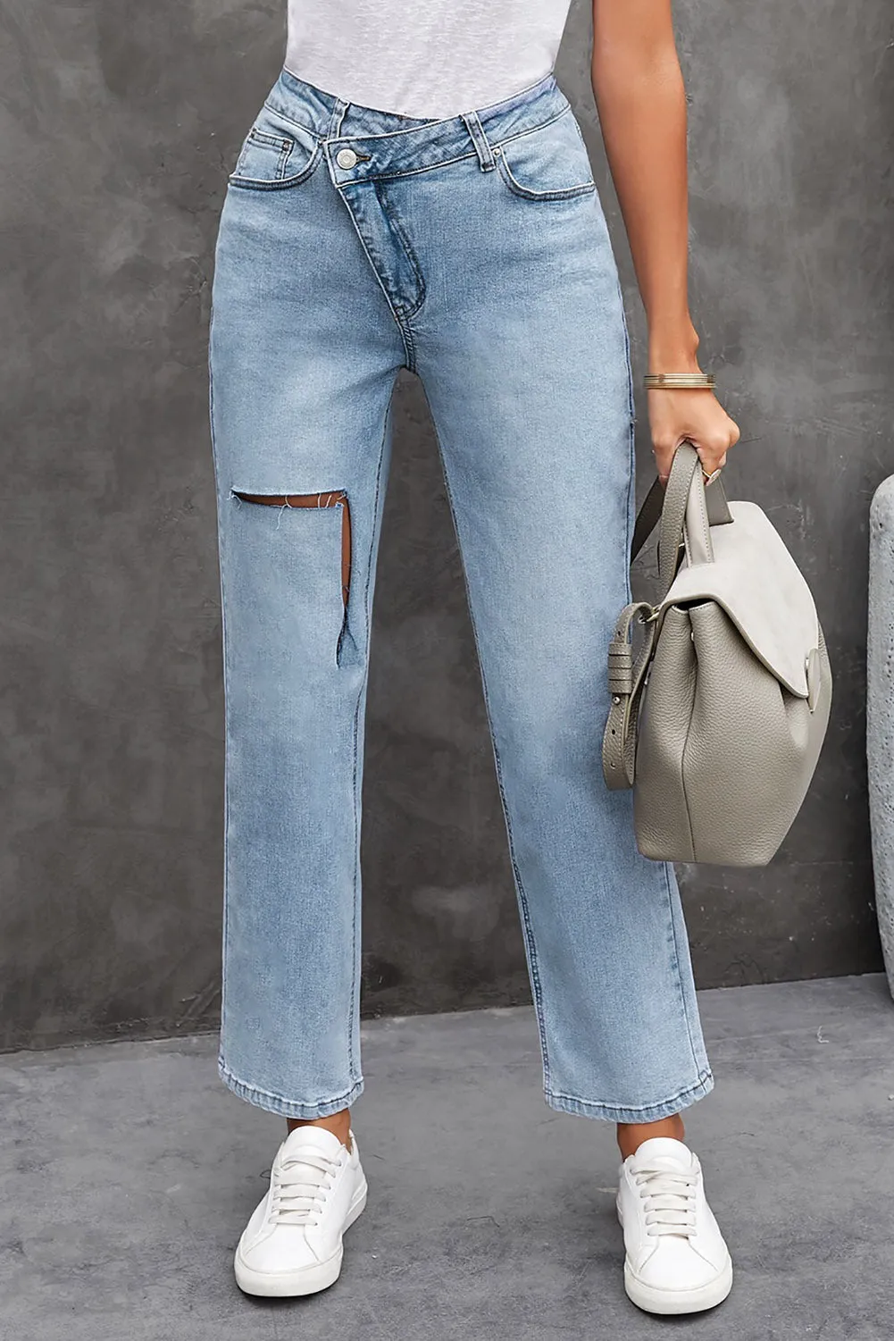 Asymmetrical High Waist Distressed Jeans