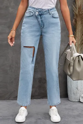 Asymmetrical High Waist Distressed Jeans