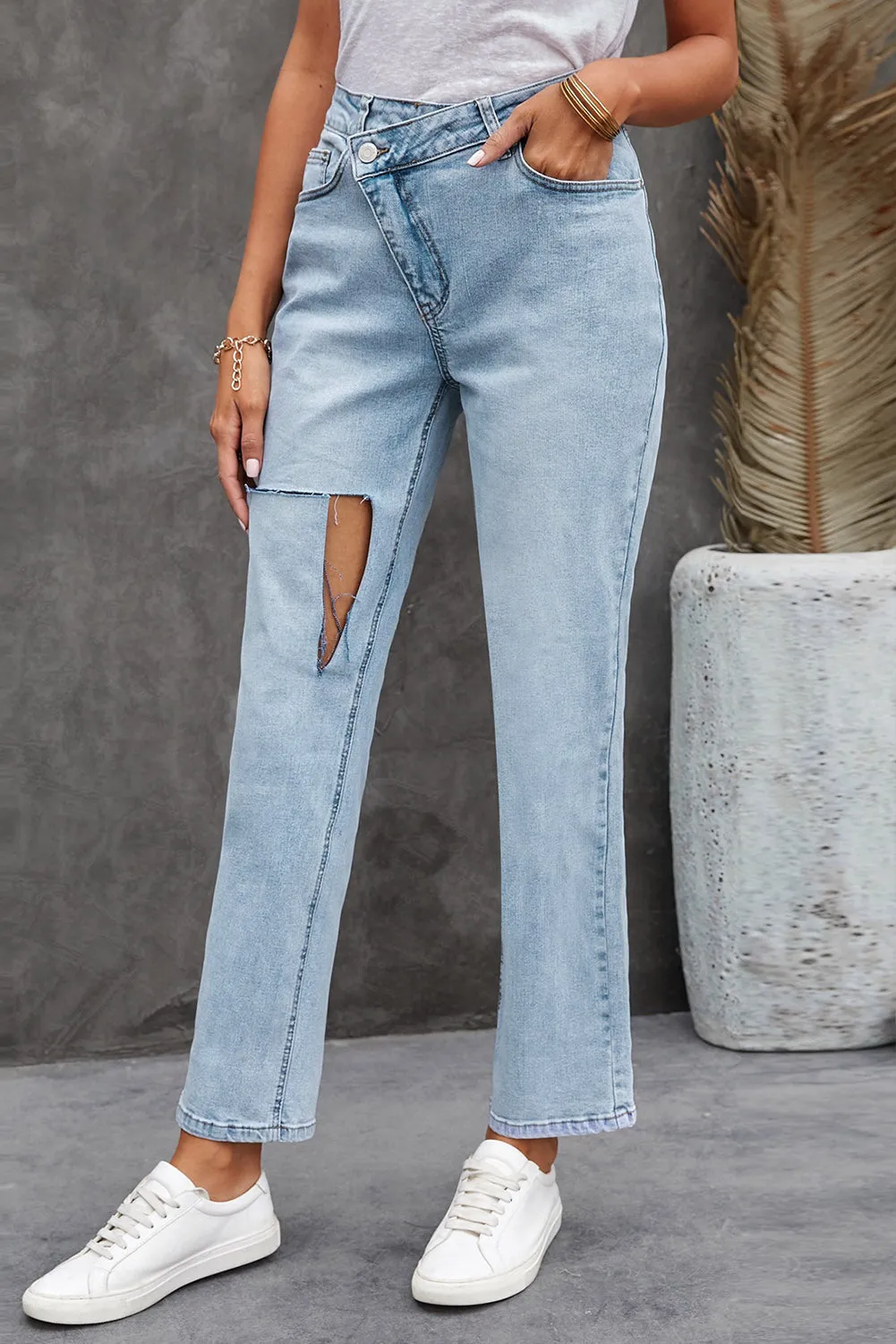 Asymmetrical High Waist Distressed Jeans