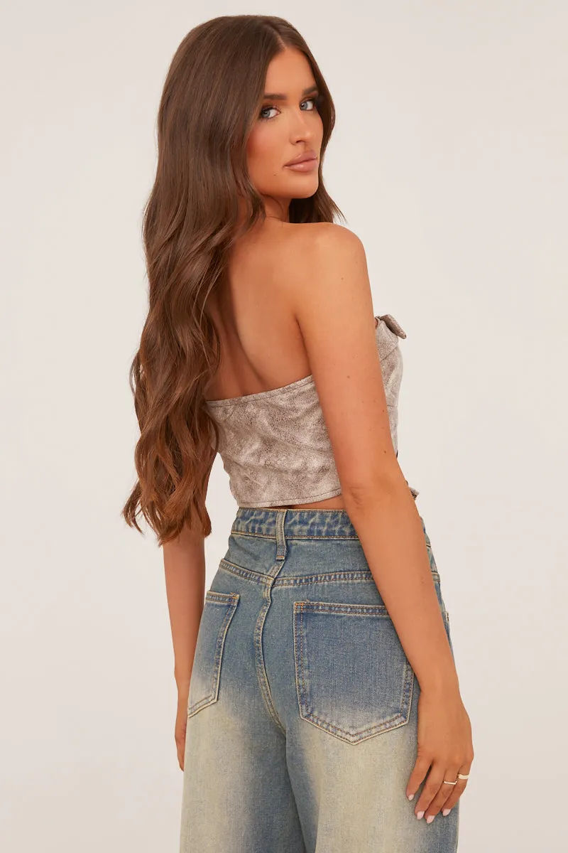 Beige Lace Up Corset Detail Cropped Top - Jovey