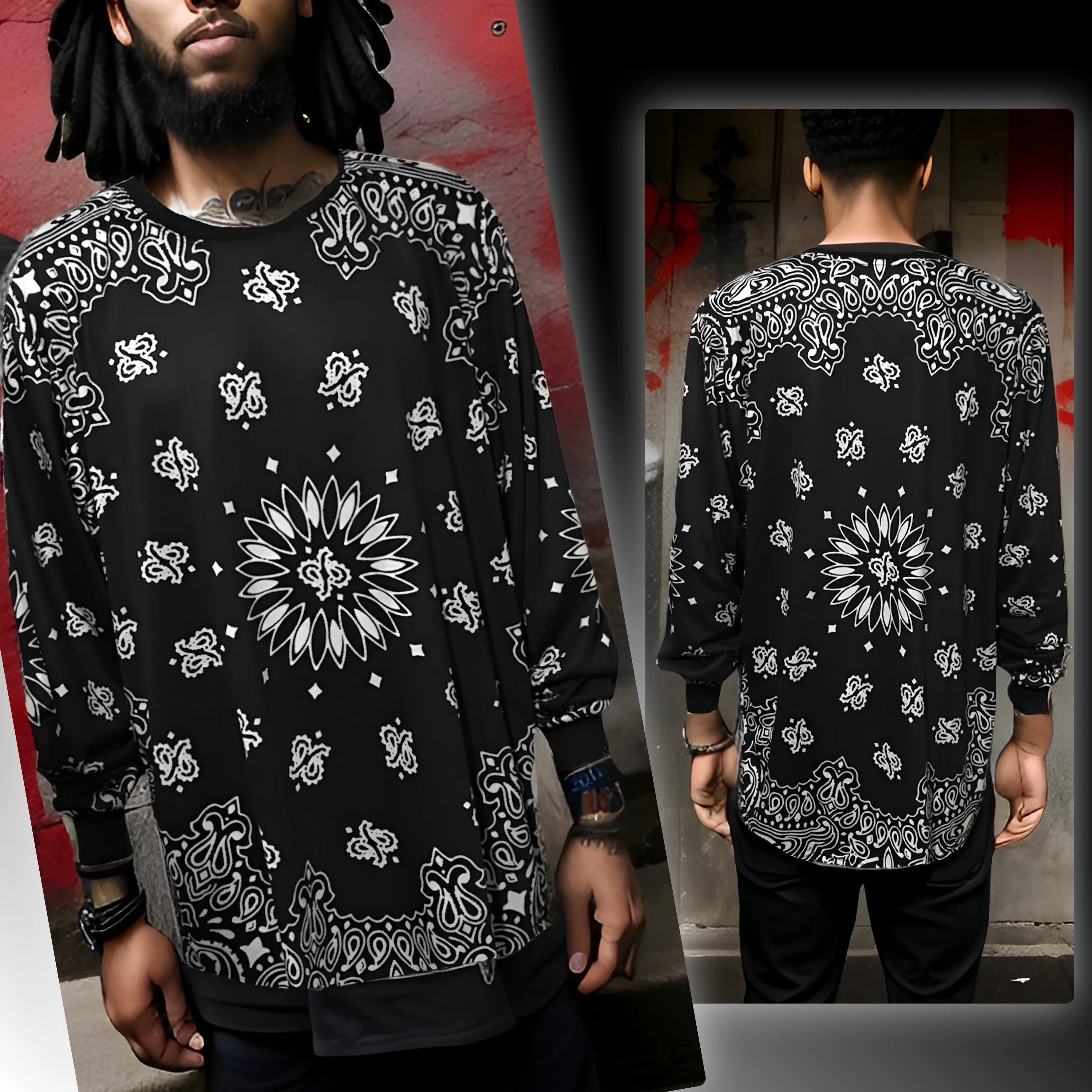 ^BLACK BANDANA^ (BLACK-PAISLEY) LONG SLEEVE TEES (LONG BODY)