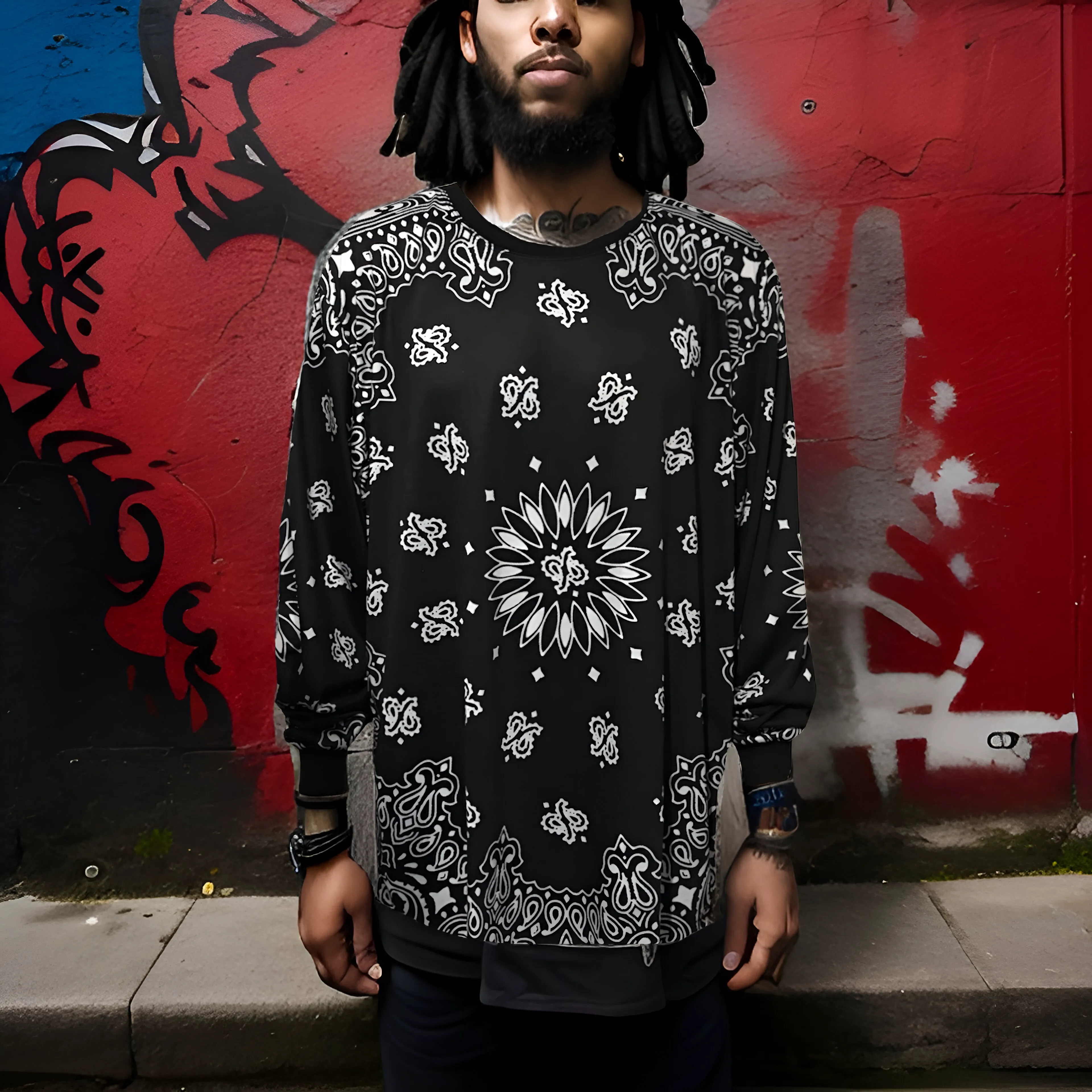 ^BLACK BANDANA^ (BLACK-PAISLEY) LONG SLEEVE TEES (LONG BODY)