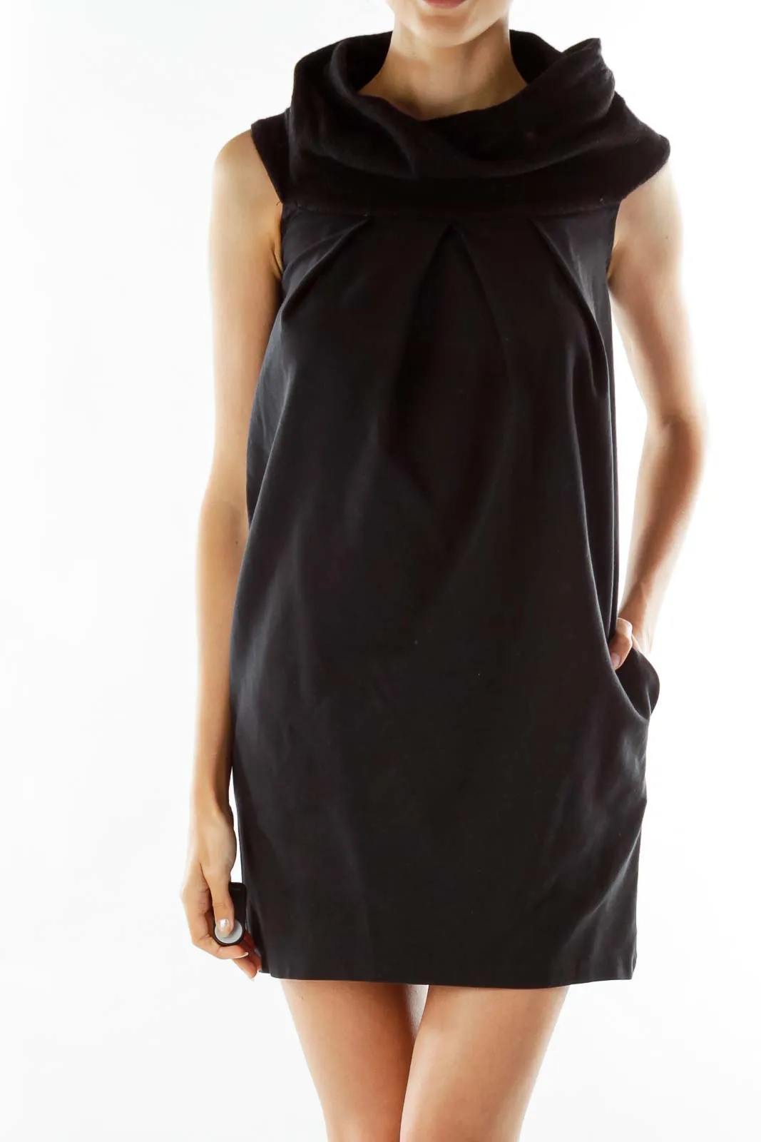 Black Wool Cowl Neck Shift Dress