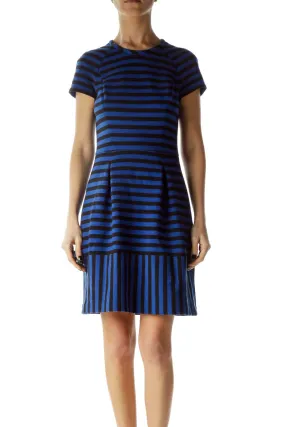 Blue Black Striped Textured A-Line Dress