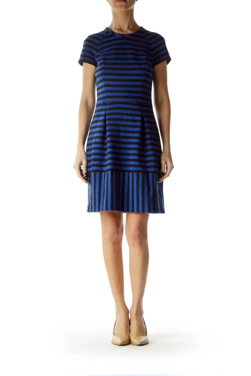 Blue Black Striped Textured A-Line Dress