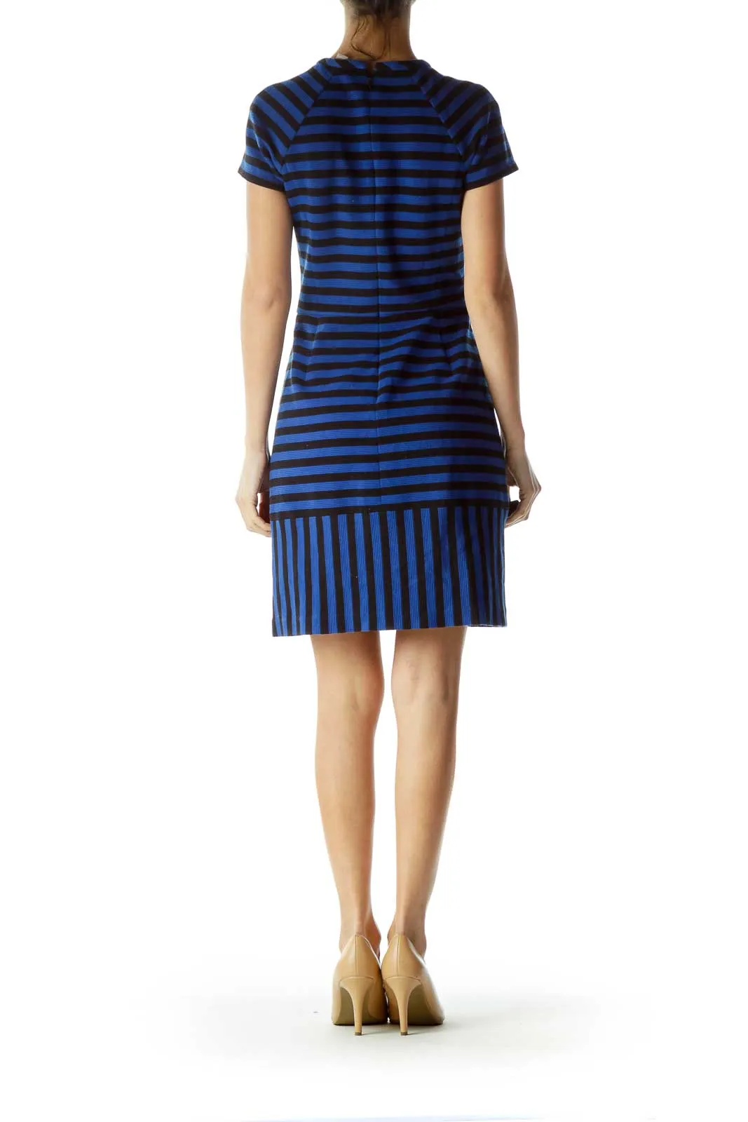 Blue Black Striped Textured A-Line Dress