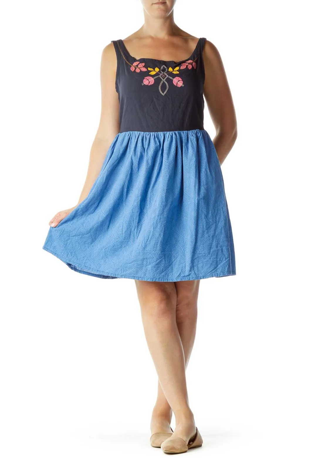 Blue Embroidered A-Line Day Dress