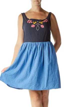 Blue Embroidered A-Line Day Dress