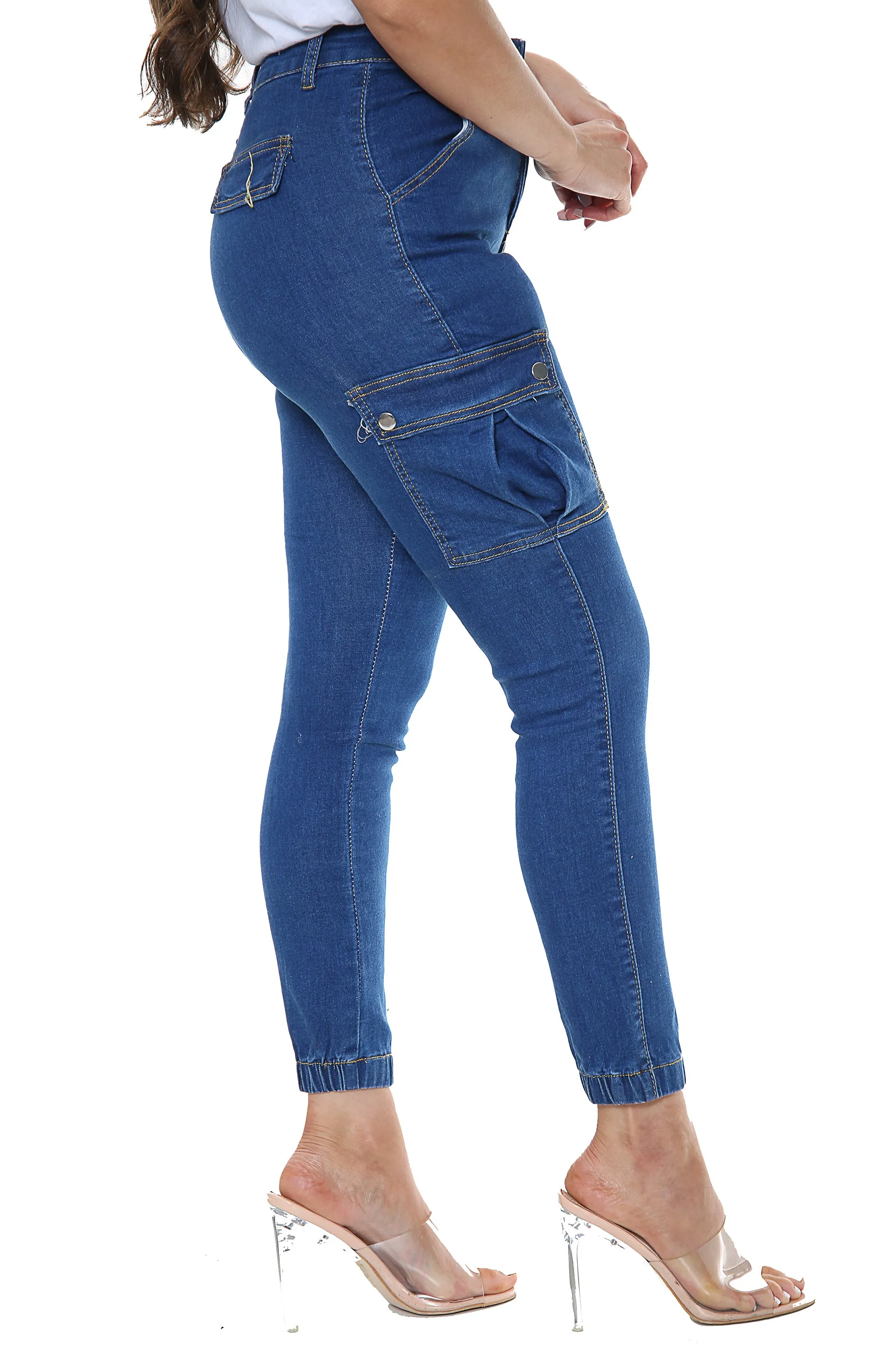 Blue Ladies High waisted Cargo Jeans