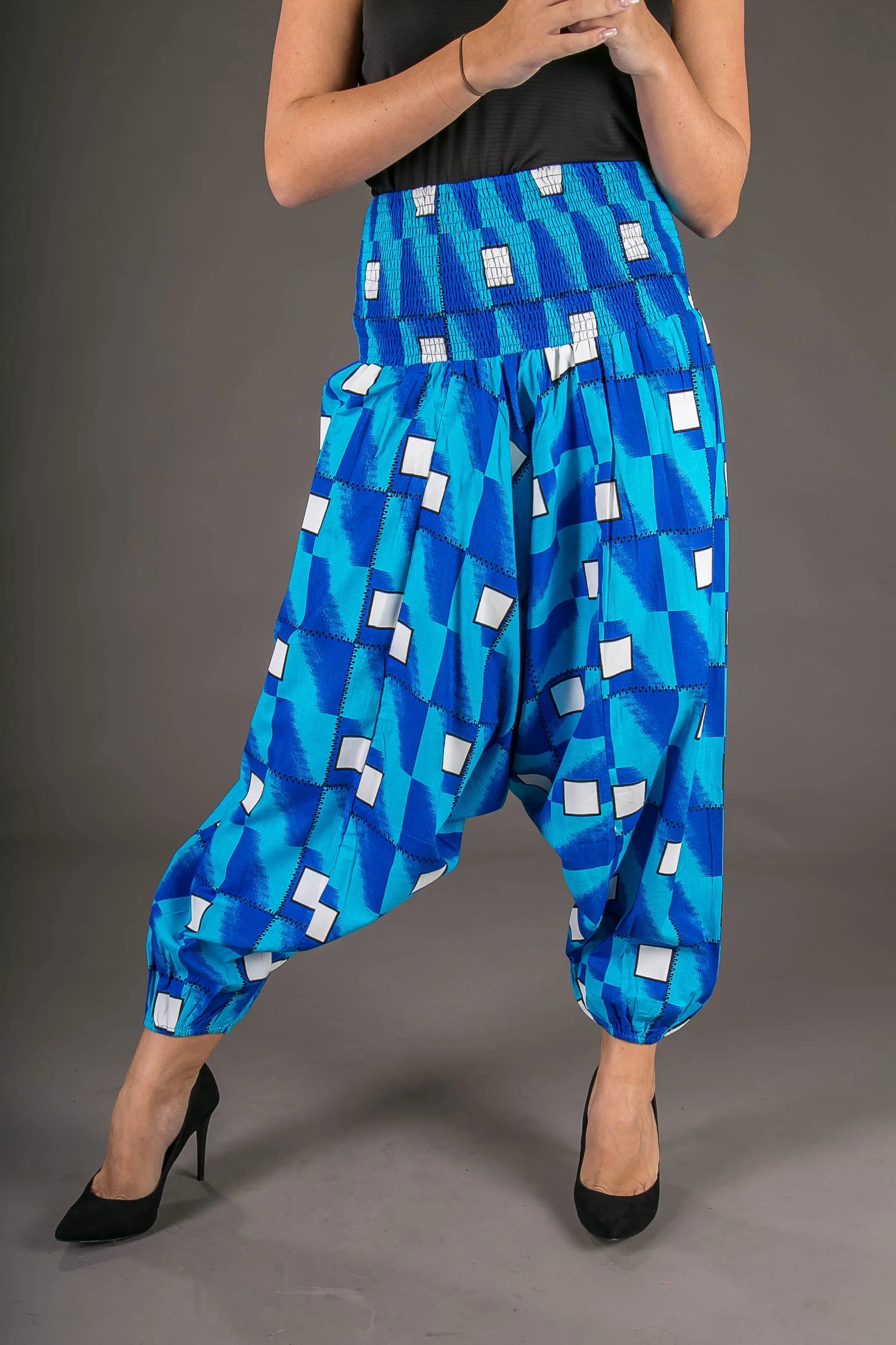 Blue White Print Cotton Harem Yoga Jumpsuit Pants