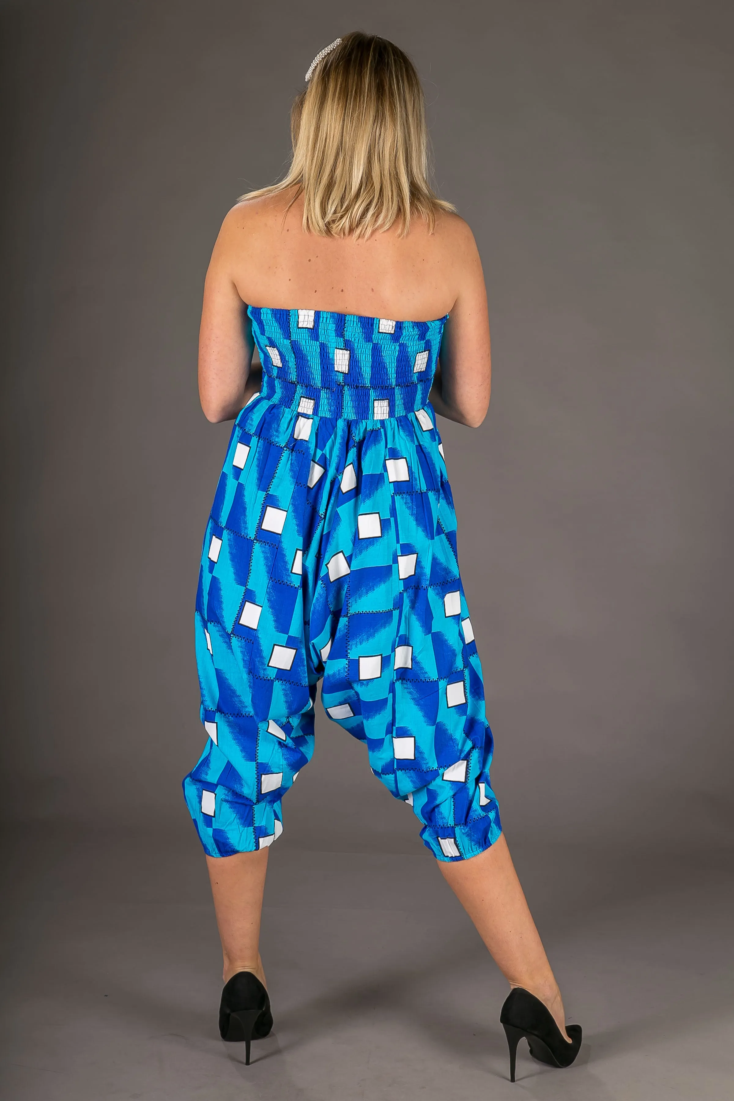 Blue White Print Cotton Harem Yoga Jumpsuit Pants