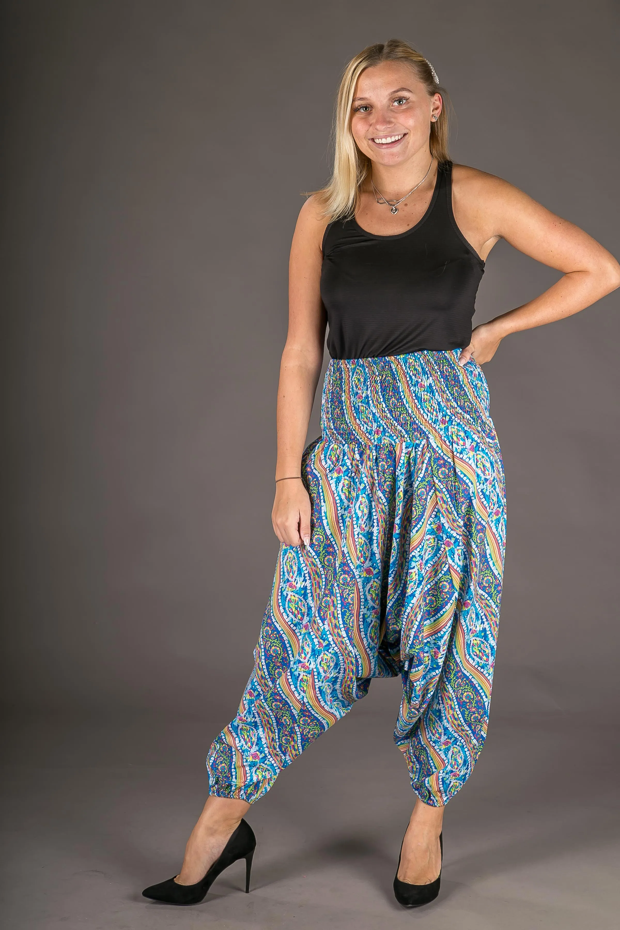 Blue Yellow Wave Print Cotton Harem Yoga Jumpsuit Pants