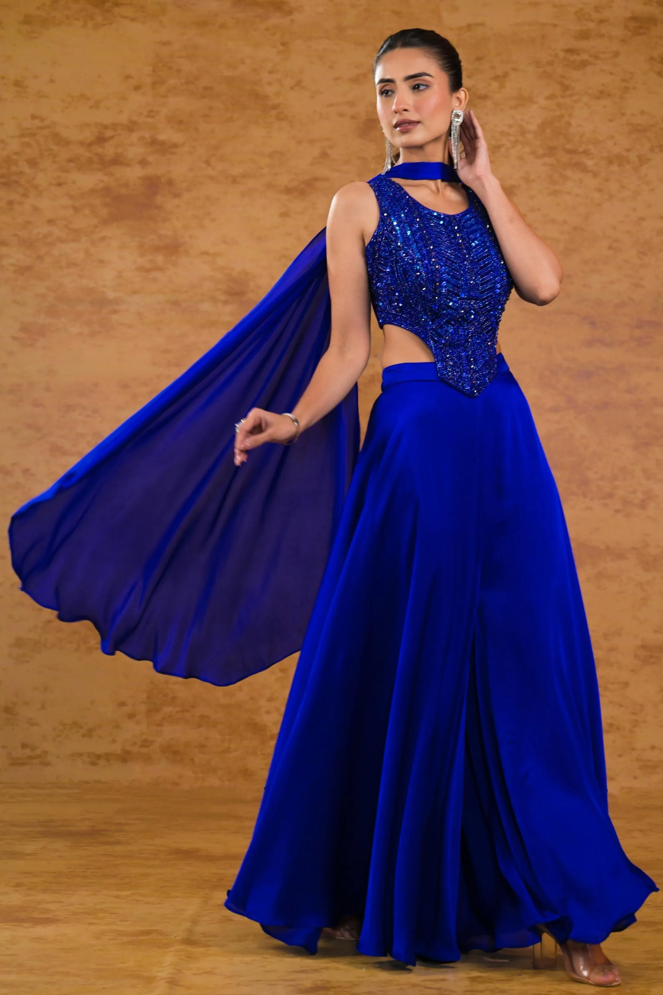 Bright Blue Embellished Satin Silk Palazzo Set