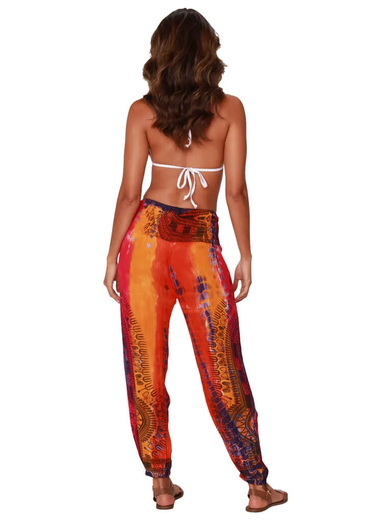 Brightly tie-dyed and printed smocked on top harem pant