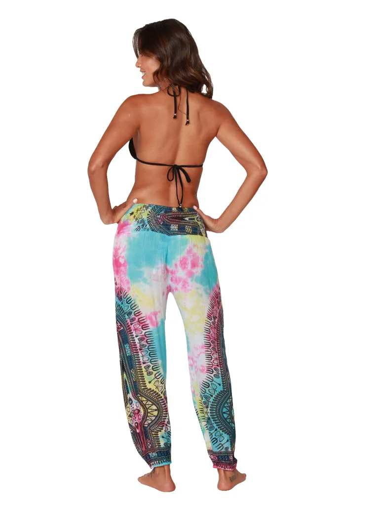 Brightly tie-dyed and printed smocked on top harem pant