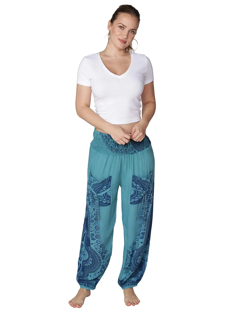 Brightly tie-dyed and printed smocked on top harem pant