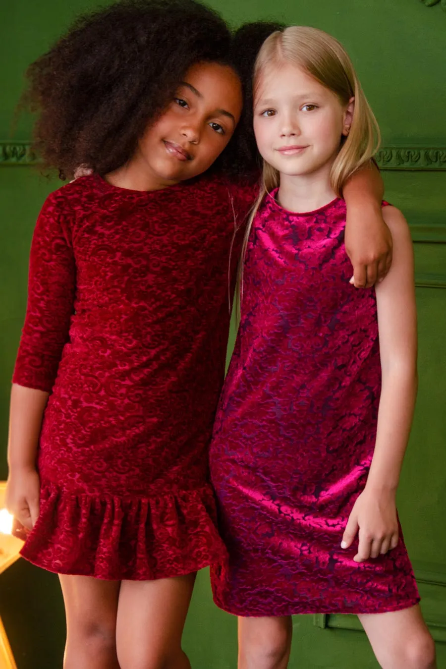 Burgundy Velvet Jacquard Holiday Dress - Girls