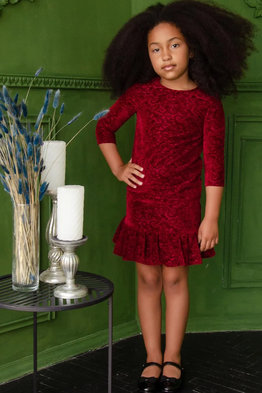 Burgundy Velvet Jacquard Holiday Dress - Girls