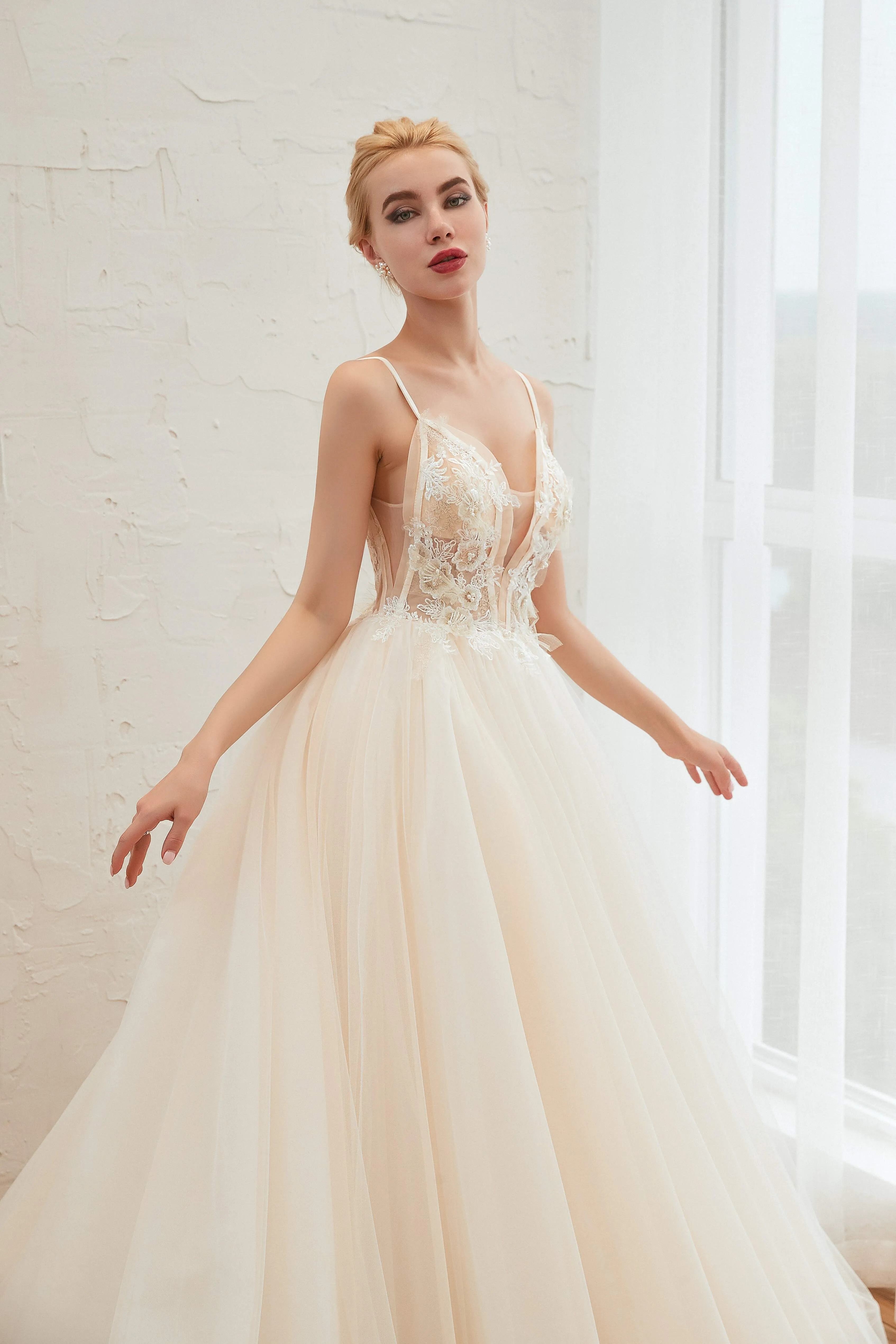 Champagne Spaghetti Straps V-neck Floor Length A-line Lace Tulle Wedding Dresses