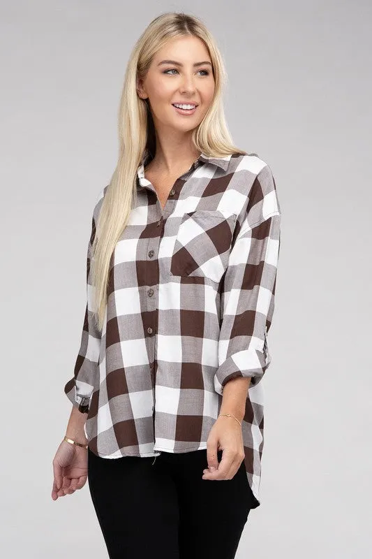 Checkered Charm Collared Button-Up Plaid Top